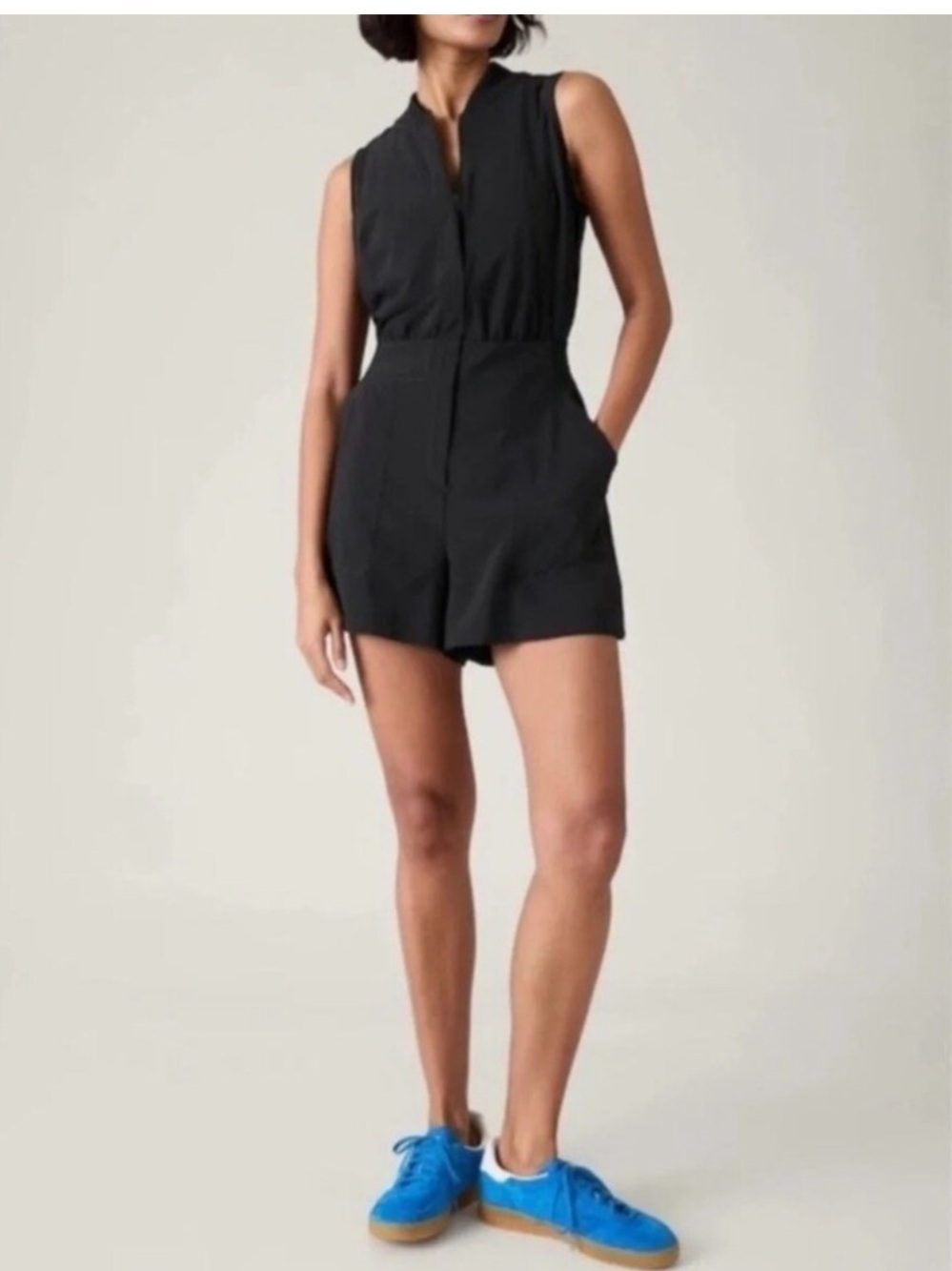 Athleta Black Sleeveless Romper with Tailored Waist